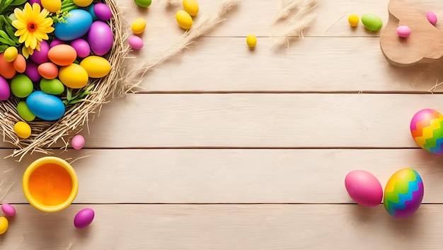Un vivace cesto di Pasqua pieno di uova dai colori vivaci
