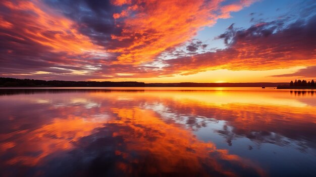 Un vivace cielo al tramonto su un lago calmo che dipinge l'acqua con tonalità vibranti