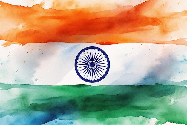 Un vivace dipinto ad acquerello della bandiera indiana con l'Ashoka Chakra al centro Giornata dell'Indipendenza indiana Ideale per celebrare la cultura e l'orgoglio nazionale dell'India
