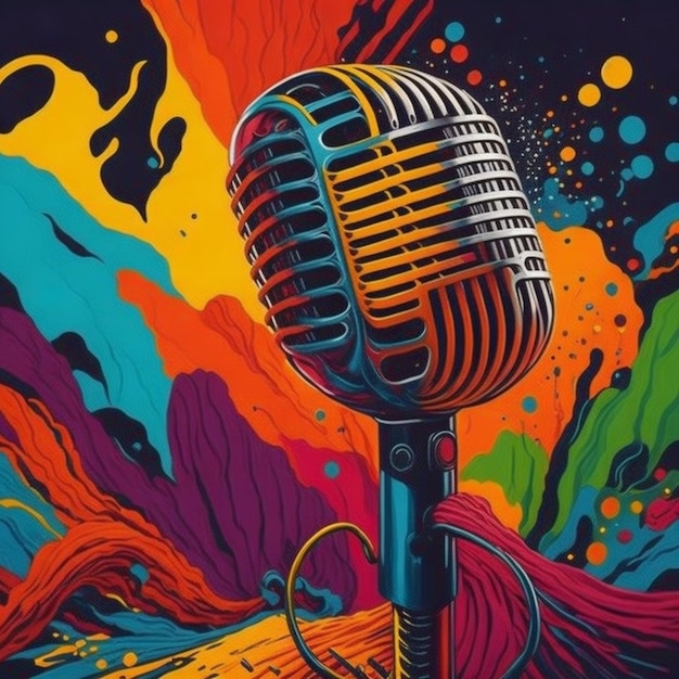 Un vivace dipinto astratto di un microfono con uno sfondo colorato di onde sonore