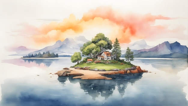 Un vivace dipinto soleggiato di una piccola isola nel mezzo di un lago tranquillo illustrazione