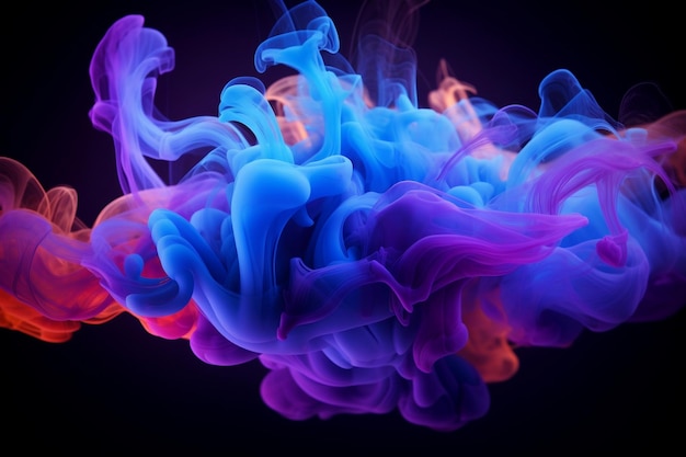 Un vivace display di sbuffi di fumo multicolori in blu neon e viola Generative Ai