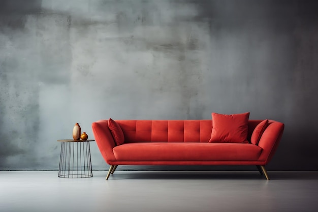 Un vivace divano rosso collocato in una stanza contemporanea con un elegante muro di cemento grigio Generative AI