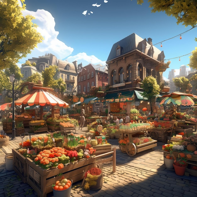 Un vivace e vibrante mercato estivo con bancarelle piene di frutta fresca e verdura colorata