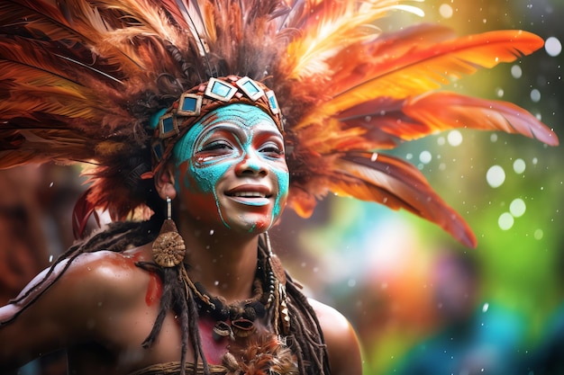Un vivace festival culturale con danze tradizionali su uno sfondo tropicale realistico
