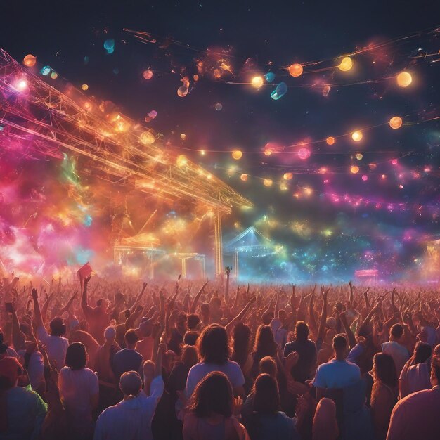 Un vivace festival musicale all'aperto con una folla di danzatori sul palco e luci colorate di alto dettaglio