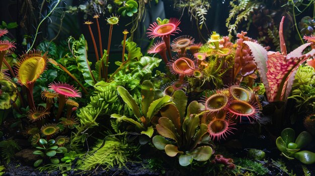 Un vivace giardino di diverse piante carnivore ricche di colori e vita