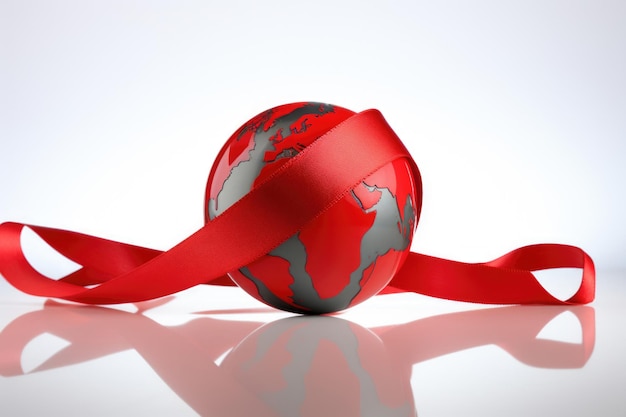 Un vivace globo rosso intrecciato con un nastro coordinato che simboleggia la Giornata mondiale contro l'AIDS