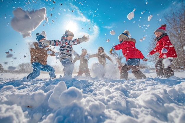 Un vivace gruppo di persone che si divertono e si divertono mentre giocano nella neve Un gruppo di bambini che fanno una battaglia a palle di neve in una luminosa giornata invernale Generato dall'intelligenza artificiale