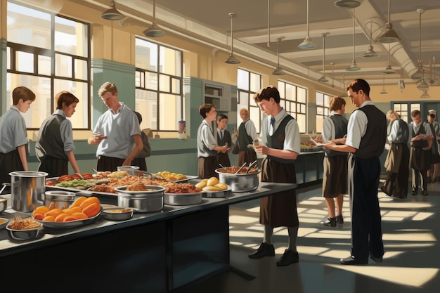Un vivace gruppo di persone in piedi insieme attorno a un tavolo colmo di piatti deliziosi e prelibatezze Agli studenti viene servito il pasto nella mensa scolastica Generato dall'intelligenza artificiale