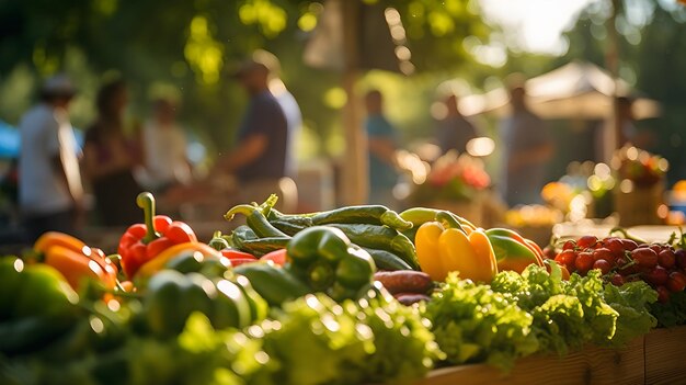 Un vivace mercato agricolo con clienti che esplorano prodotti freschi e prodotti artigianali