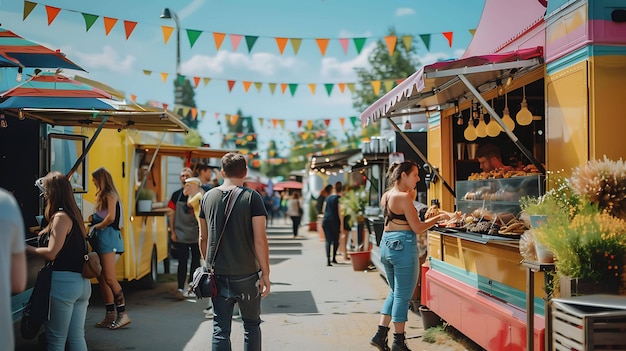 Un vivace mercato alimentare con una varietà di food truck e persone che si godono l'atmosfera