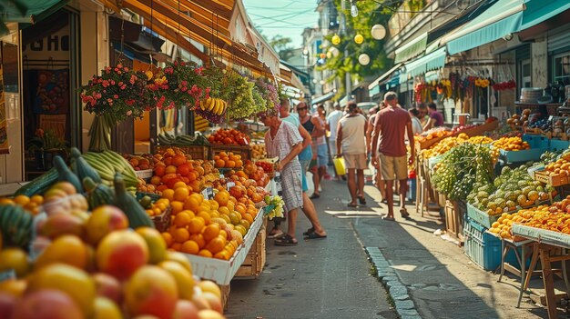 Un vivace mercato all'aperto con colorate bancarelle di frutta e clienti che camminano sotto il sole estivo