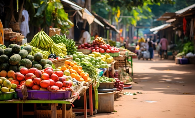 Un vivace mercato all'aperto con frutta e verdura colorata In viaggio in Asia e Sud America IA generativa