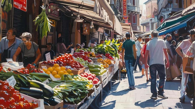 Un vivace mercato all'aperto con persone che comprano prodotti freschi dai venditori