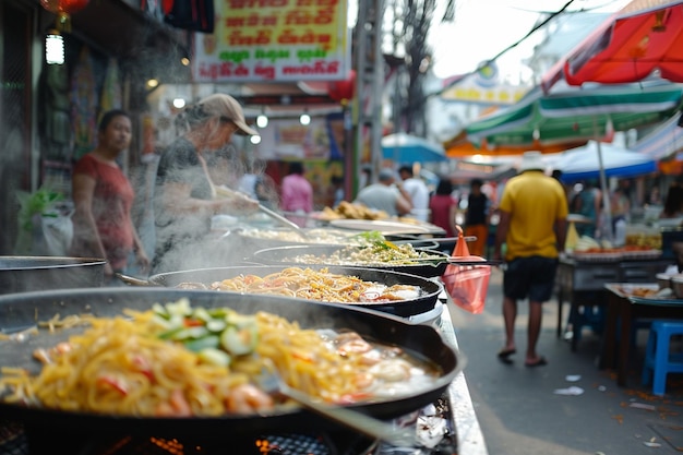 Un vivace mercato di strada in Thailandia con venditori generativi ai