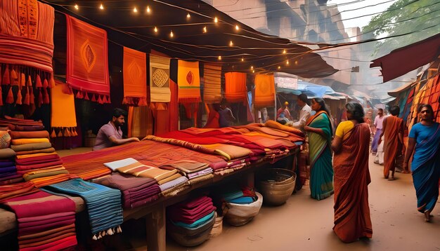 Un vivace mercato indiano con bancarelle che vendono tessuti tessuti a mano