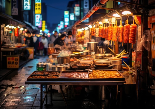 Un vivace mercato notturno a Osaka con una varietà di cibo da strada