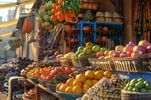 Un vivace mercato stradale con frutta e spezie esotiche