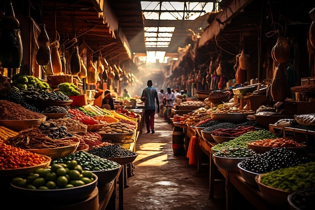 Un vivace mercato vivace a Marrakech, Marocco, foto realistica