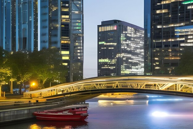 Un vivace paesaggio notturno urbano con grattacieli illuminati al neon, un fiume scintillante e un ponte iconico.