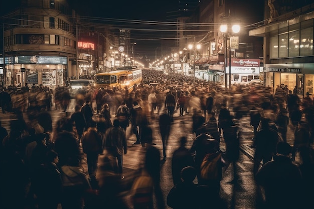 Un vivace paesaggio urbano catturato in uno scatto a lunga esposizione con folle di persone visibili durante la serata IA generativa