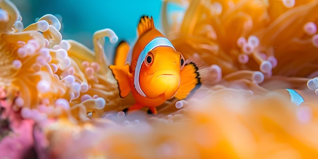 Un vivace pesce pagliaccio arancione annidato tra le anemone marine in una scena sottomarina colorata perfetta per i temi di design acquatico AI