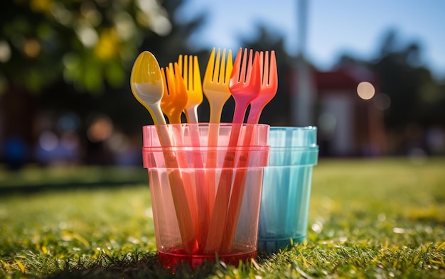 Un vivace raduno di forchette e cucchiai di plastica che si mescolano in una tazza