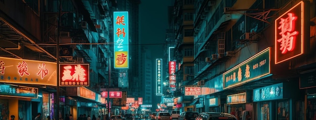 Un vivace viale con luci al neon e un edificio alto Banner orizzontale generato dall'intelligenza artificiale