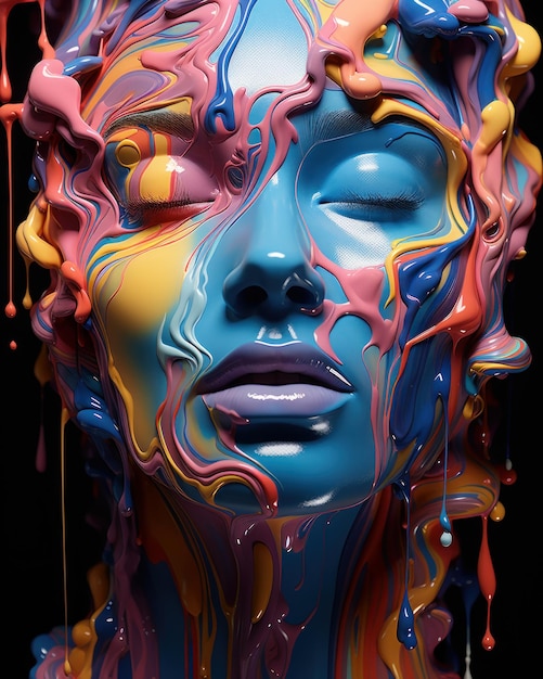un volto colorato di una donna su sfondo nero generativa AI