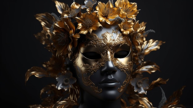 Un volto di donna con maschera e fiori oro e nero su di essogenerativo ai