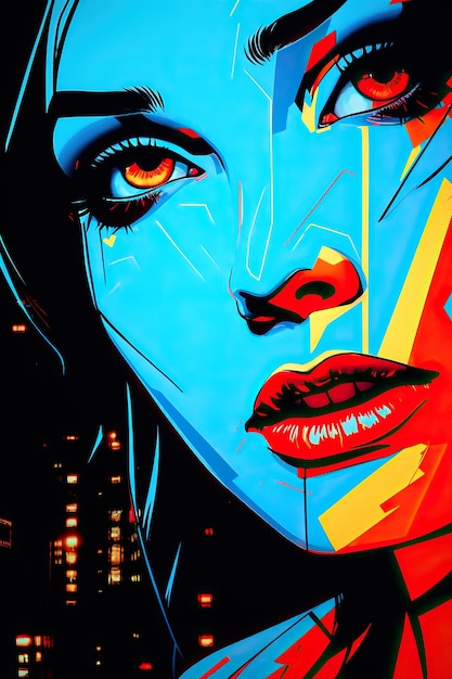 un volto di donna con vernice rossa e blu