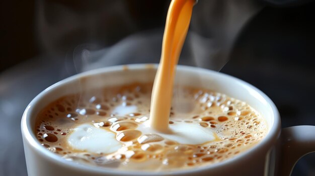 Un vortice artistico di crema che viene versata in una tazza di caffè fumosa