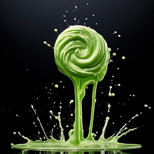 un vortice verde e bianco di liquido verde viene spruzzato con uno sfondo nero