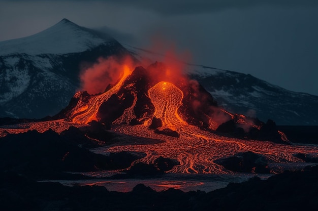 Un vulcano con lava che scorre nell'aria