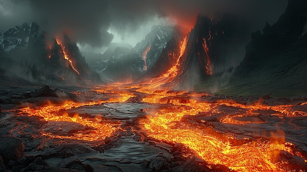 un vulcano con una lava rossa che scorre dentro