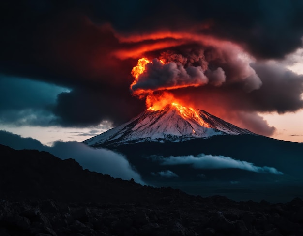 Un vulcano feroce in eruzione con un flusso di lava e pesanti nuvole di fumo al buio