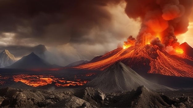 Un vulcano in eruzione con un cielo scuro