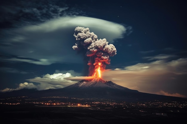 Un vulcano in eruzione contro un cielo scuro