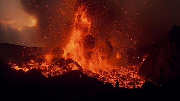 Un vulcano sta bruciando nella notte.