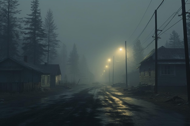 Un vuoto illuminato lampioni della città fantasma che illuminano la strada attraverso gli alberi e il villaggio in una nebbia in una piovosa giornata autunnale lanterne di strada scene di campagna inglese sfondo di Halloween