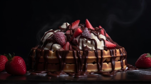 Un waffle con fragole e cioccolato in cima