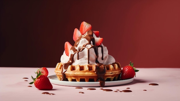 Un waffle con fragole e cioccolato sopra