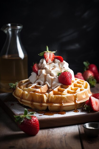 Un waffle con fragole e panna montata in cima.