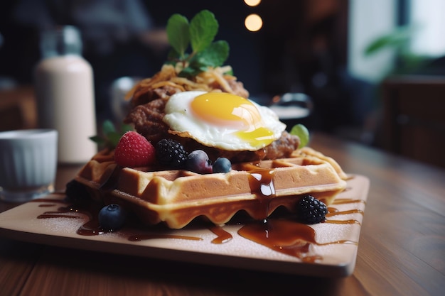 Un waffle con sopra un uovo fritto e mirtilli