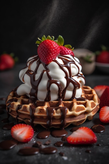 Un waffle con sopra una fragola e sopra del cioccolato.