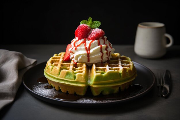 Un waffle con sopra una pallina di gelato alla vaniglia e una fragola.