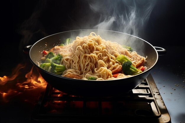 un wok con tagliatelle e broccoli che cucinano su una stufa