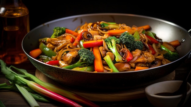 Un wok pieno di colorate verdure saltate in padella con una bottiglia di olio da cucina in background