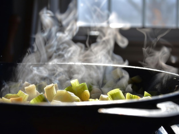 Un wok su una stufa pieno di una varietà di cibi cotti alla perfezione vapore che sale mentre i sapori si mescolano e si intensificano